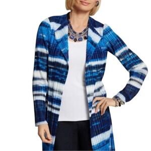 Chico's Collection Blue Ocean Stripe Crinkle Open Jacket Duster Sz L